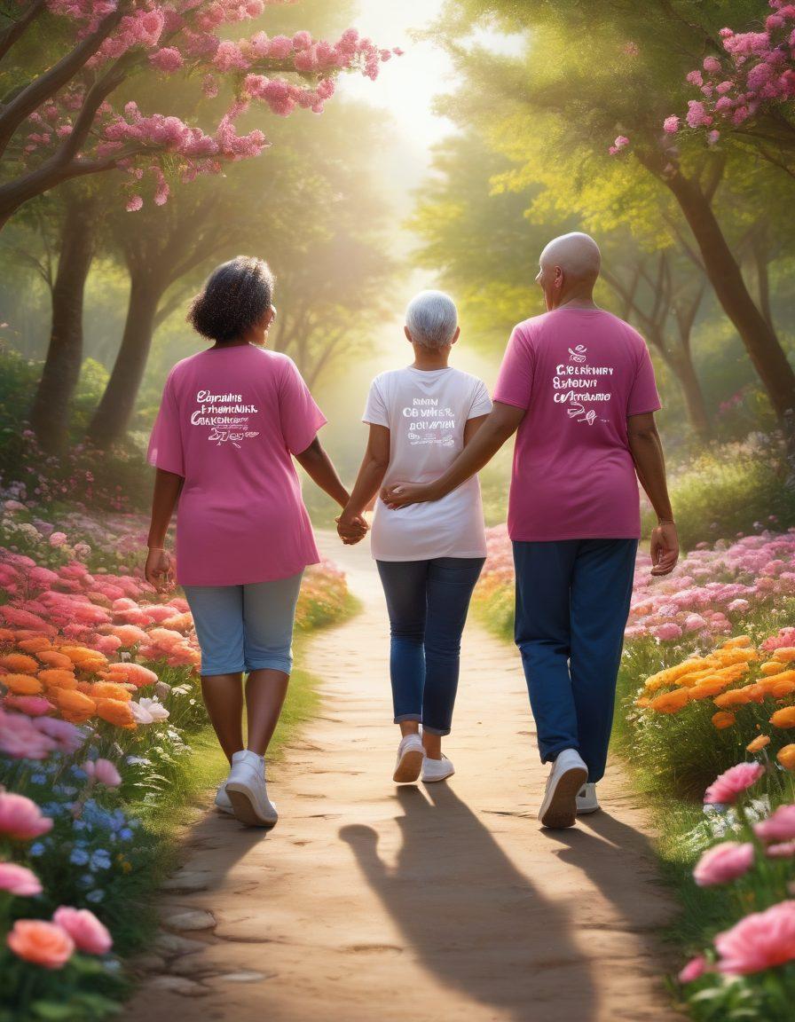 A diverse group of individuals supporting each other on a winding path, symbolizing a journey through cancer treatment. They hold hands and share encouraging smiles, surrounded by blooming flowers and uplifting quotes on banners. The background transitions from dark to light, representing hope and resilience. Use warm, inviting colors to enhance the sense of community and strength. vibrant colors. super-realistic.