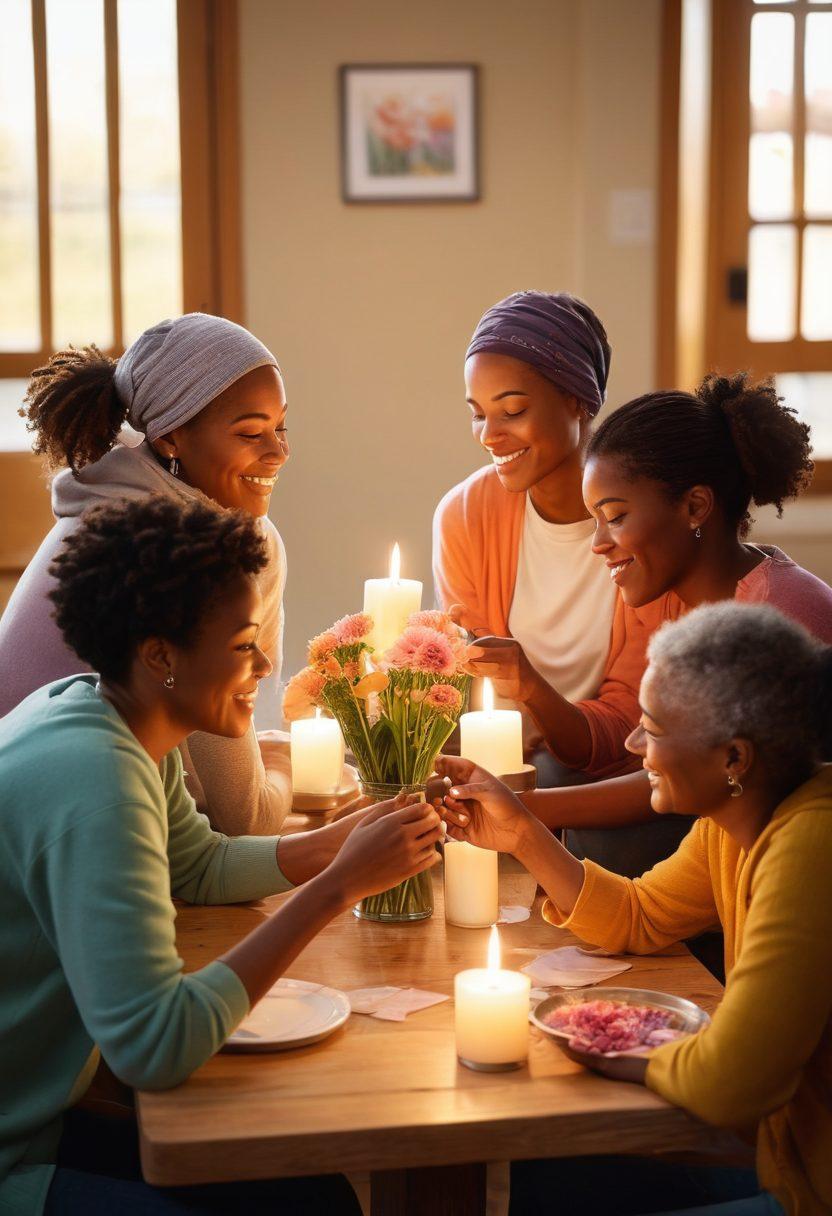 A warm and inviting scene depicting a diverse group of people gathered in a cozy community center, sharing stories and experiences about cancer treatment. Include symbols of hope and healing such as flowers, candles, and healthy food. Show supportive gestures like hugs, bright smiles, and hands joined together, emphasizing community strength. Subtle soft lighting to create a comforting atmosphere. painting. vibrant colors. warm tones.