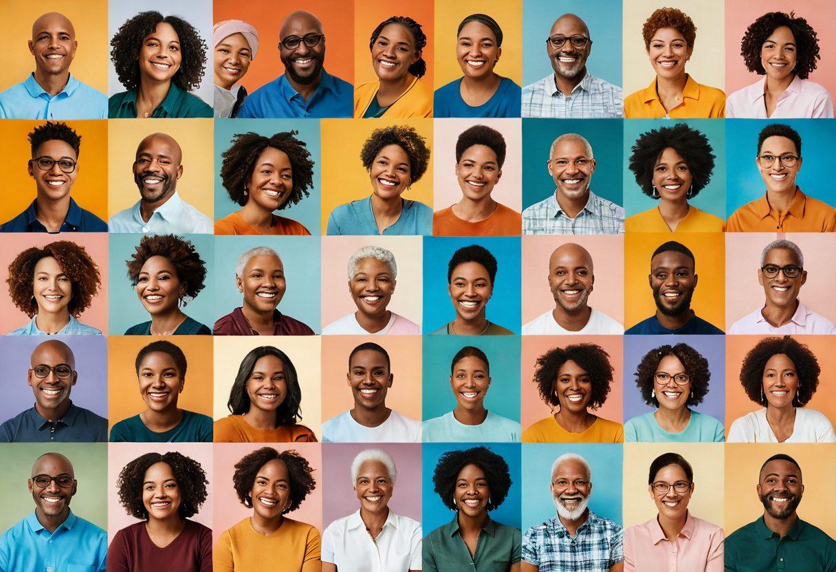 A collage of diverse individuals sharing their personal triumphs over tumor challenges, showcasing both emotional moments and joyous celebrations. Each person is portrayed in a supportive community setting, with inspirational quotes subtly integrated into the background. The color palette is warm and uplifting, symbolizing hope and resilience. super-realistic. vibrant colors. soft-focus background.